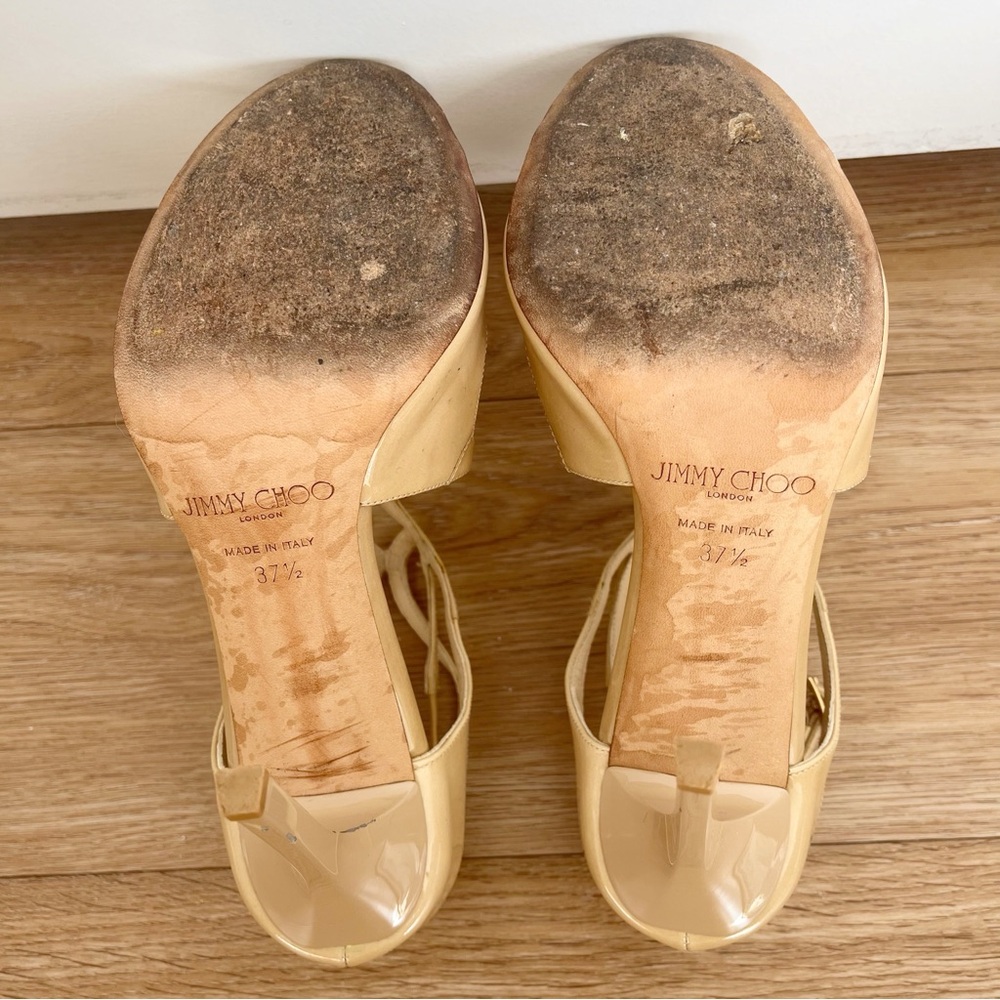 Jimmy Choo Lang Nude Patent Leather Strappy Sandals Heels 37.5 - Picture 8 of 12